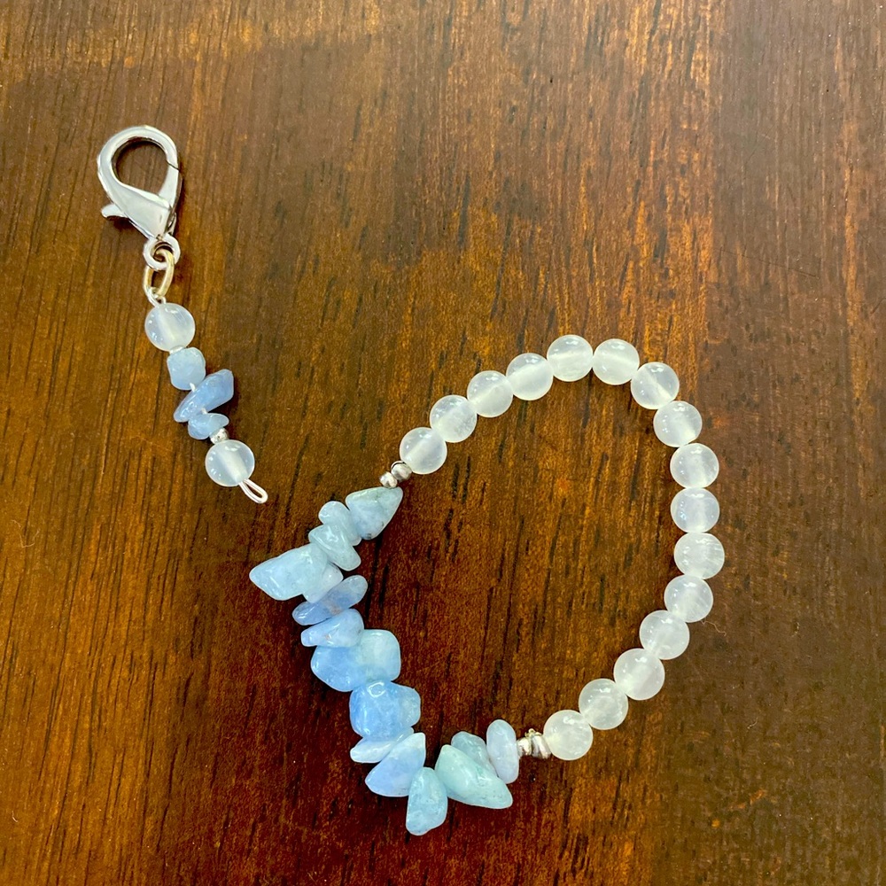 Selenite and aquamarine bracelet and bridle or saddle charm